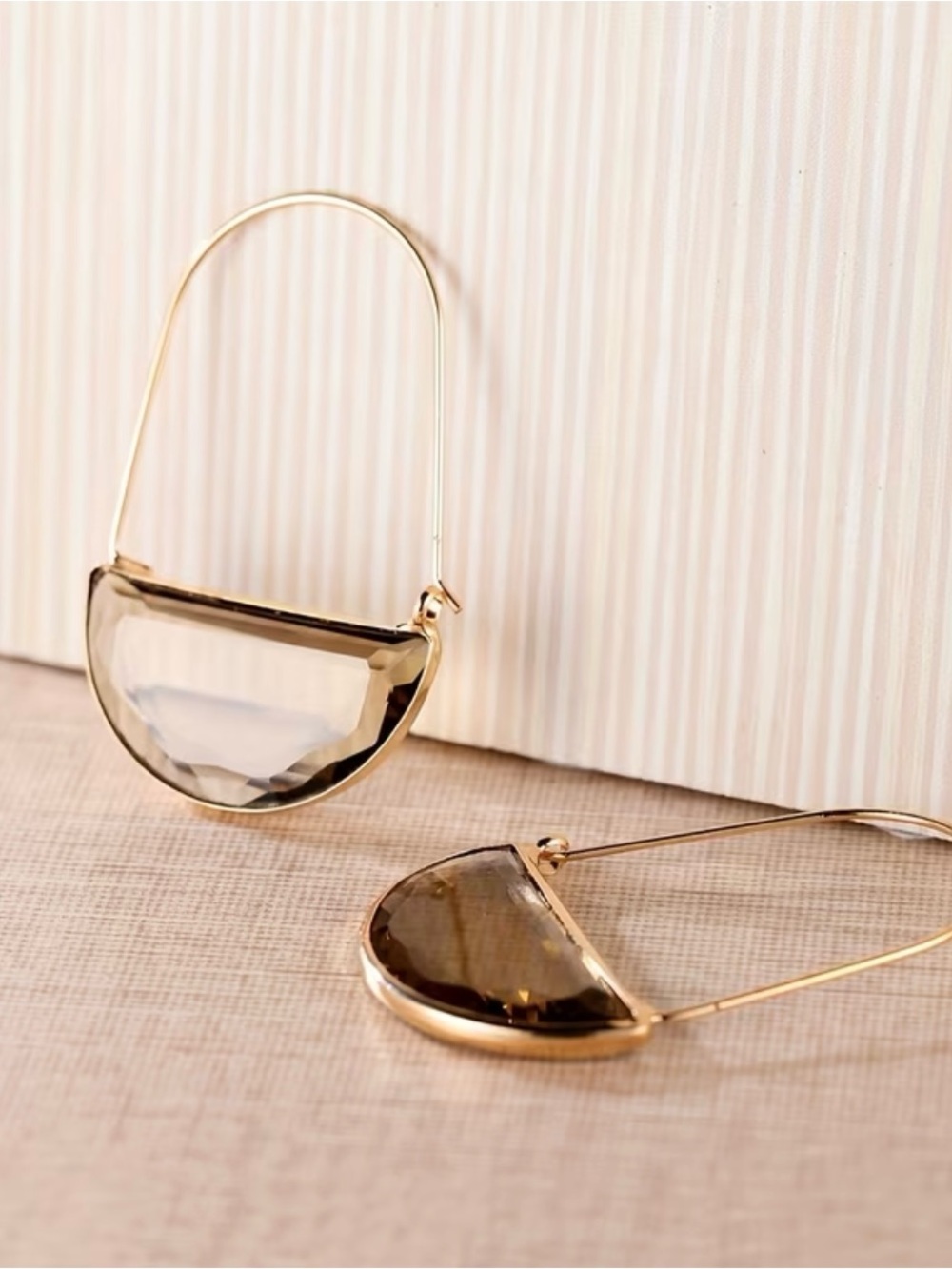 New! Unique Gold Semi-Circle Hoop Earrings with Smoky Crystal 💎